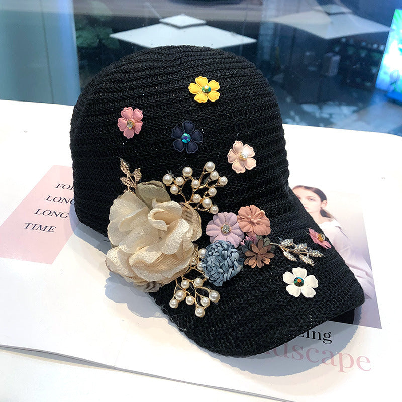 Casquette Baseball avec Fleurs Tricotées et Strass