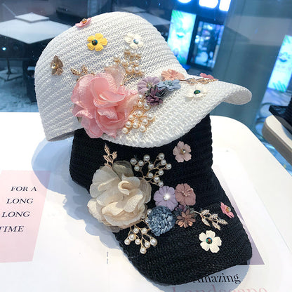 Casquette Baseball avec Fleurs Tricotées et Strass