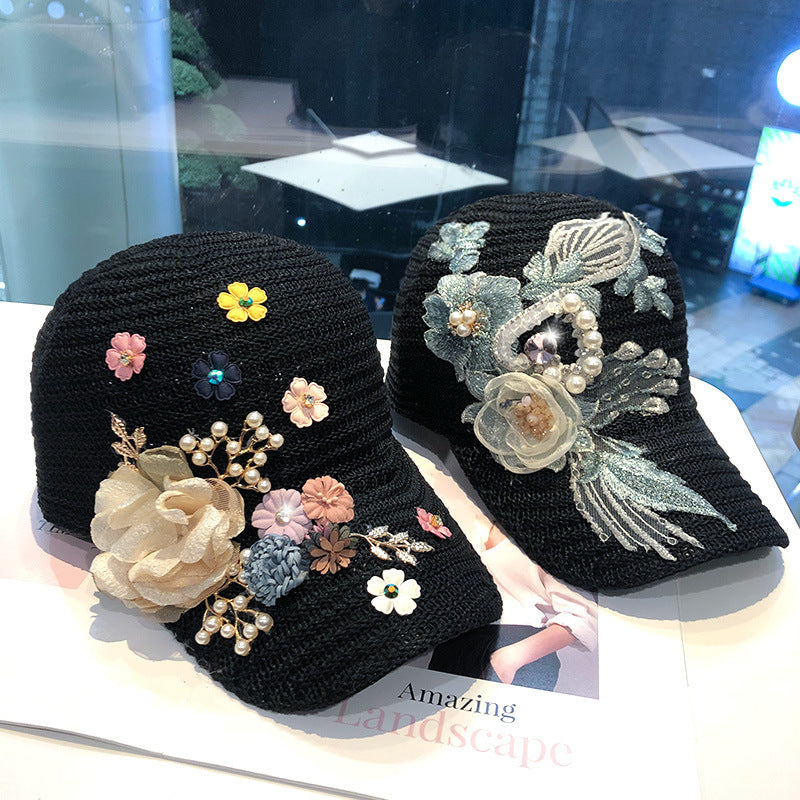 Casquette Baseball avec Fleurs Tricotées et Strass