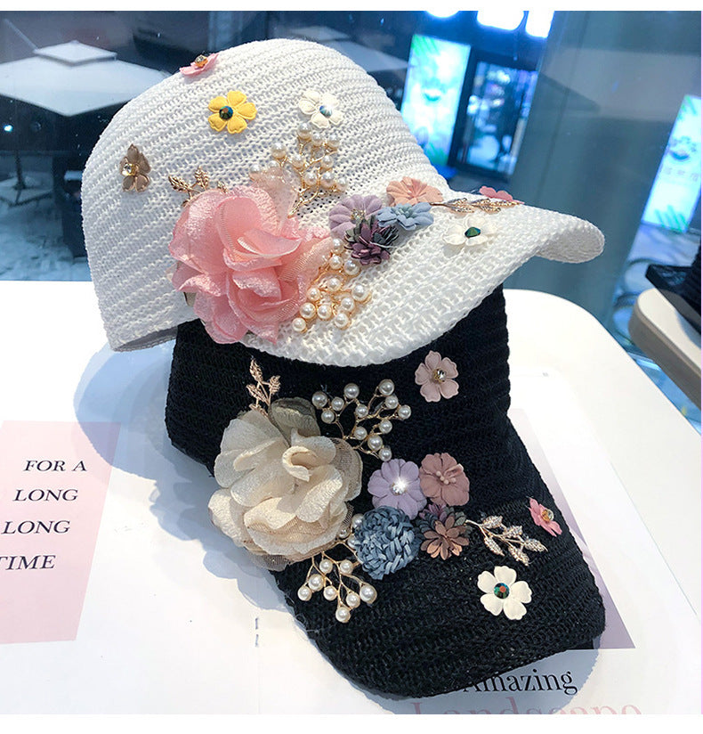 Casquette Baseball avec Fleurs Tricotées et Strass