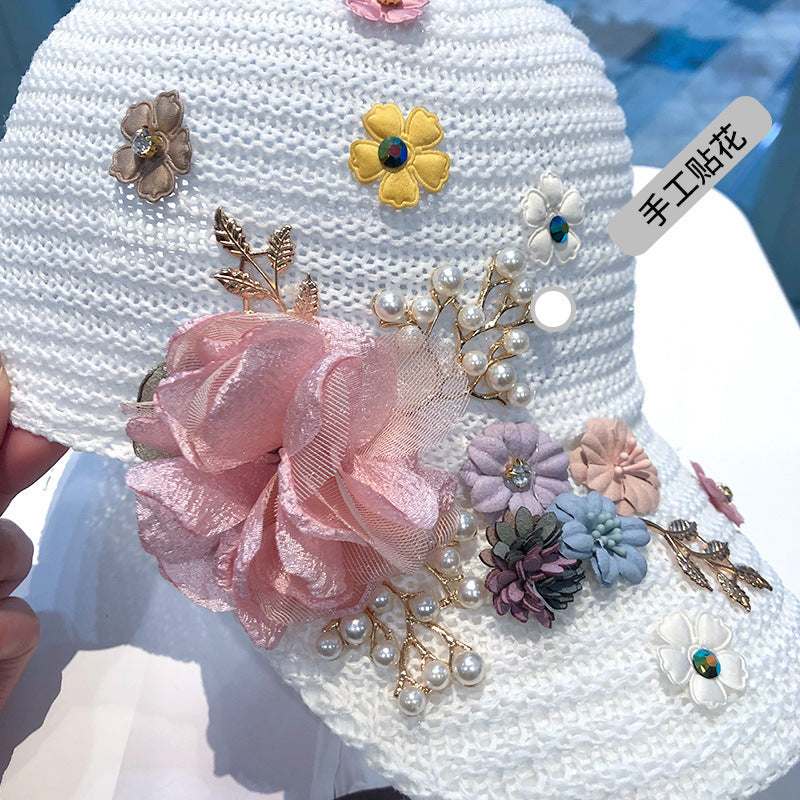 Casquette Baseball avec Fleurs Tricotées et Strass