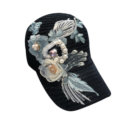 Casquette Baseball avec Fleurs Tricotées et Strass